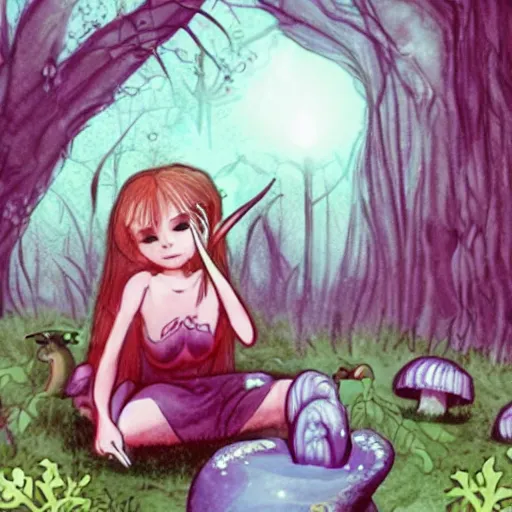 Prompt: A fairy eating mushrooms in a magical forest horror Creepy