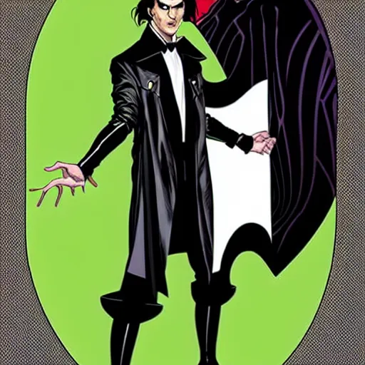 Image similar to Adam Hughes comic art, wide shot, handsome elegant male Nikola Tesla, futuristic spy, kabuki mask, beautiful evil sneer, symmetrical face, symmetrical eyes, leather clothing and boots, long straight green black hair, full body, Indigo occult pattern