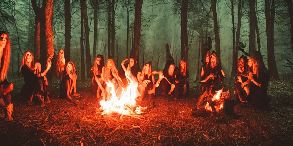 Prompt: witches preparing a ritual around a wildly lit campfire in an ominous forest at night, photography