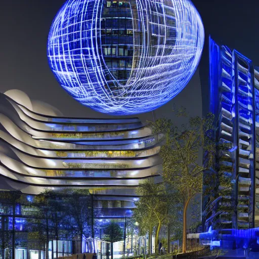 Prompt: metaverse resort in a city, led strips floating spheres, illuminatedcolors,, zaha hadid,