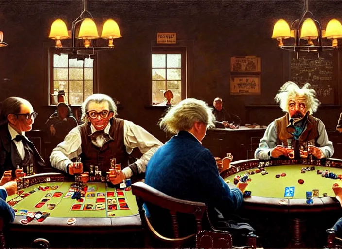 Image similar to in an old west saloon isaac newton and stephen hawking and albert einstein playing poker, intricate, highly detailed, centered, digital painting, artstation, concept art, smooth, illustration, muted colors, art by norman rockwell and greg rutkowski and james gurney chuck close