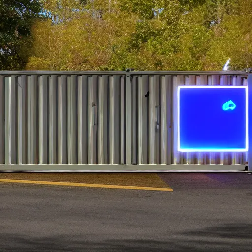 Image similar to photo of glowing sci fi container connected to a gas station in a pleasant urban setting with trees, day - time, sun overhead, award - winning, high res, 4 k, hyper realistic