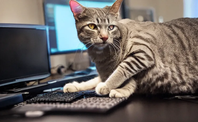 Image similar to a cat using a gaming computer, realistic