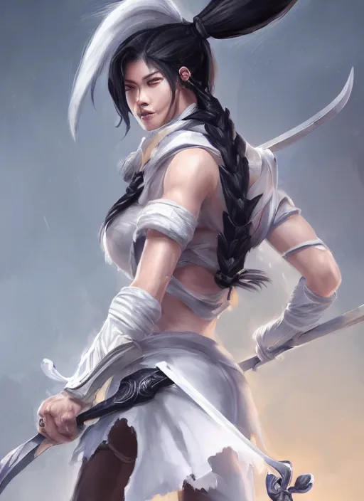 Image similar to a highly detailed illustration of fierce tall amazon messy ponytail black haired one armed delinquent asian woman wearing white cap wearing long white jacket with cape, dramatic wielding sword pose, muscular, intricate, elegant, highly detailed, centered, digital painting, artstation, concept art, smooth, sharp focus, league of legends concept art, wlop.