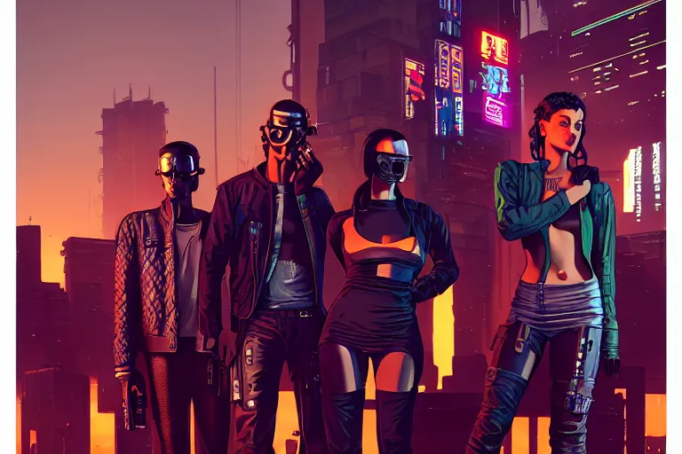 Image similar to cyberpunk heist crew. portrait by stonehouse and mœbius and will eisner and gil elvgren and pixar. character design. realistic proportions. dystopian. cyberpunk 2 0 7 7, apex, blade runner 2 0 4 9 concept art. cel shading. attractive face. thick lines. hi def 4 k. the team. detailed interesting characters. creative