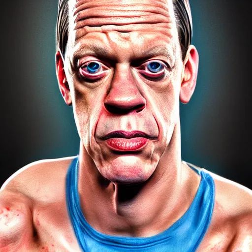 Image similar to the lovechild of john cena and steve buscemi from new jersey, realistic, hyperrealistic, 8 k resolution, hd quality, very detailed, highly detailed, intricate details, real life, real world, trending on artstation, 7 0 s photo