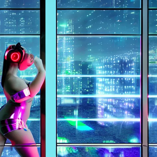 Image similar to beautiful cybergirl with the headset in the metallic costume standing by the window in the futuristic neon room, city lights, digital art, highly detailed