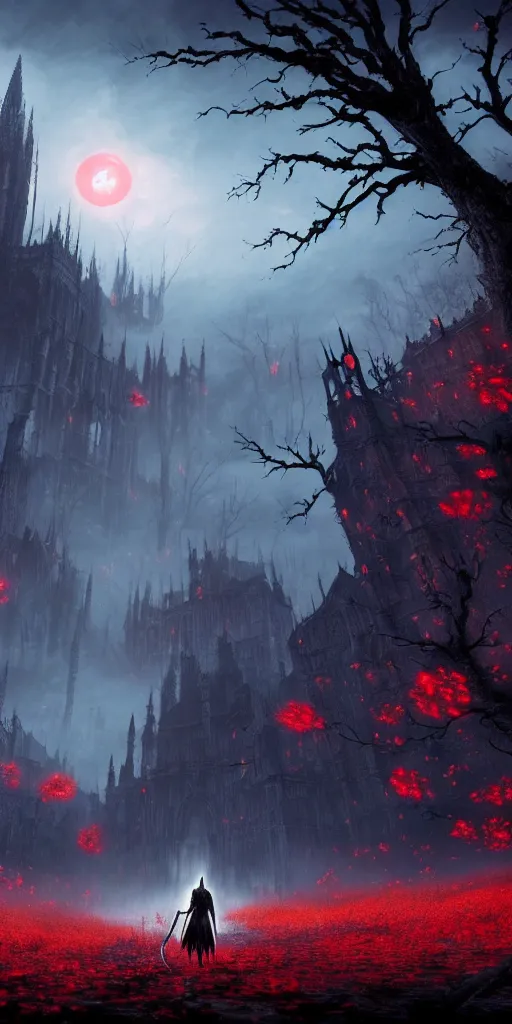 Image similar to abandoned bloodborne old valley with a obscure person at the centre and a ruined gothic city in the background, trees and stars in the background, falling red petals, epic red - orange moonlight, perfect lightning, wallpaper illustration by niko delort and kentaro miura, 4 k, ultra realistic