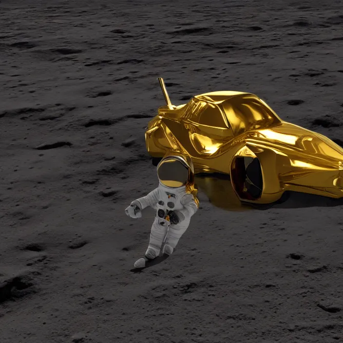 Prompt: a 3 d render of a golden reflective astronaut racecar on the moon, 8 k, realistic, dynamic, artstation, digital art