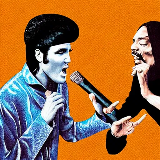 Image similar to elvis presley and snoop dog singing a duet, black velvet, digital art