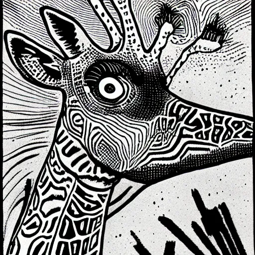 Image similar to black and white trippy comic art of a giraffe being abducted by ufo, lots of particles, drawn by Martin Rowson, Tim Burton, Studio Ghibli, Alex Pardee, Nekro Petros Afshar, James McDermott, cgsociety 4K