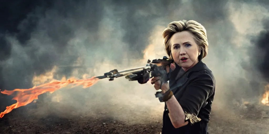 Image similar to movie still of hilary clinton fighting in libya, focused shot, realistic, smoke, fire, octane render