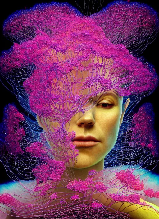 Image similar to hyper detailed 3d render like a Oil painting - Aurora (Singer) seen Eating of the Strangling network of yellowcake aerochrome and milky Fruit and Her delicate Hands hold of gossamer polyp blossoms bring iridescent fungal flowers whose spores black the foolish stars by Jacek Yerka, Mariusz Lewandowski, Houdini algorithmic generative render, Abstract brush strokes, Masterpiece, Edward Hopper and James Gilleard, Zdzislaw Beksinski, Mark Ryden, Wolfgang Lettl, hints of Yayoi Kasuma, octane render, 8k