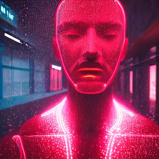 Prompt: a human made out of rain, glowing neon, rendered in octane, unreal engine, highly detailed, realistic, beautiful
