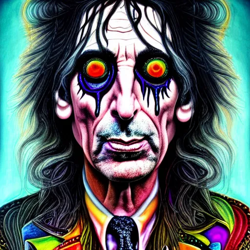 Image similar to An extremely psychedelic portrait of Alice Cooper, surreal, LSD, face, detailed, intricate, elegant, lithe, highly detailed, digital painting, artstation, concept art, smooth, sharp focus, illustration