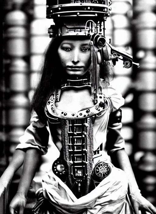 Image similar to photography of beautyful female android steampunk by sebastiao salgado,