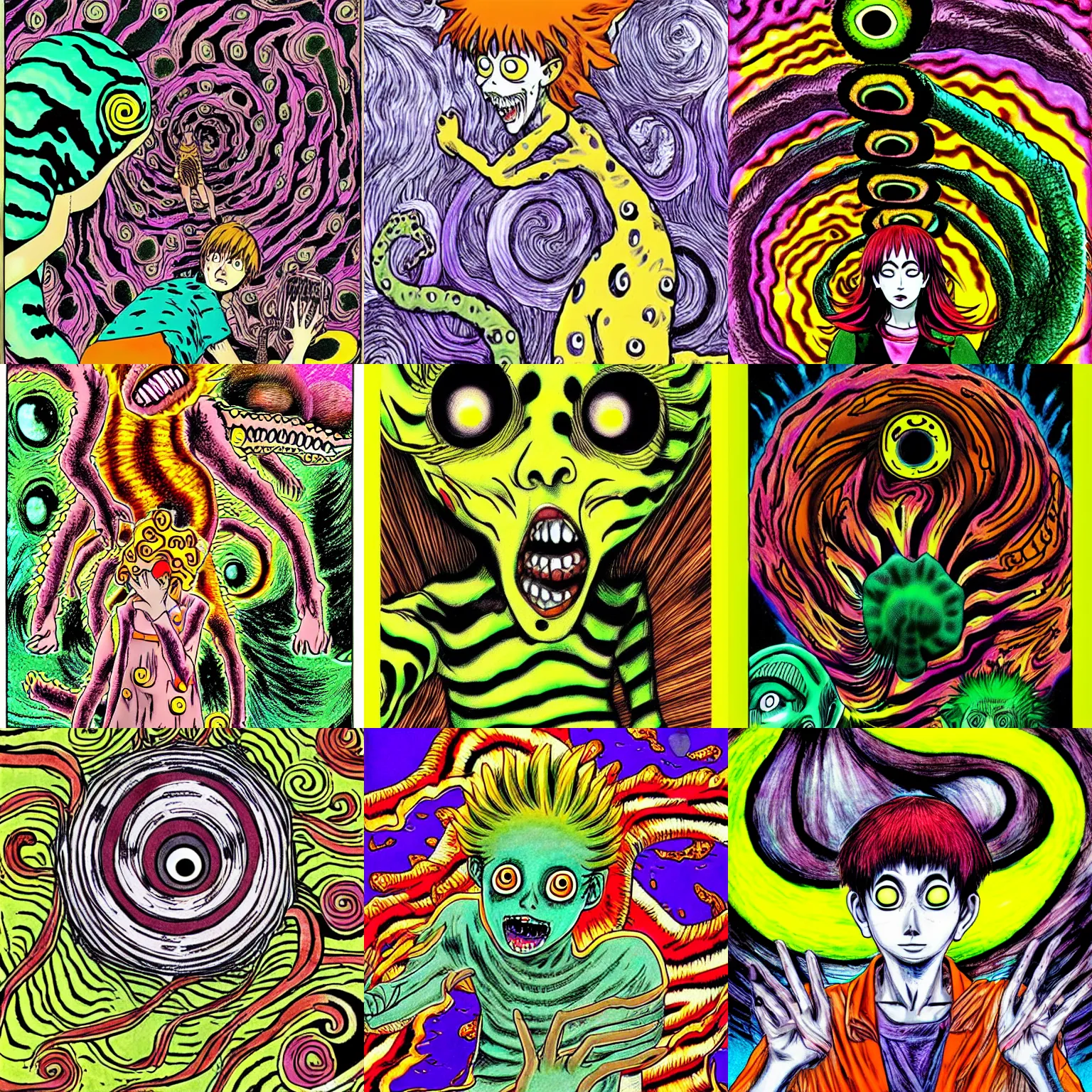 Prompt: junji ito uzumaki monster colorful