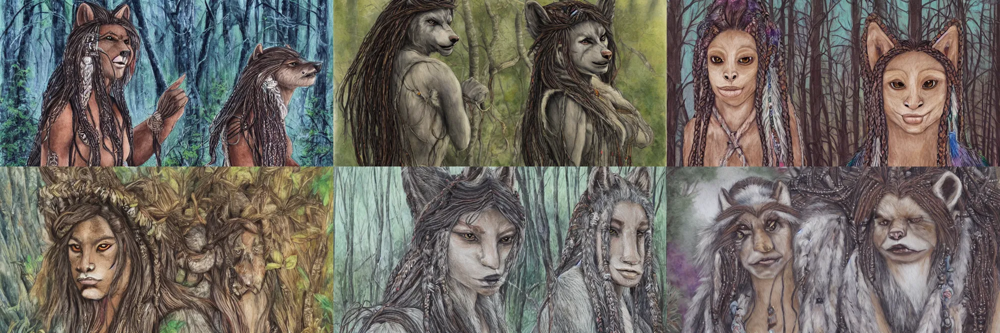 Prompt: soft, realistic painting of an anthropomorphic werewolf, furry, in a misty forest at night, with braids and beads coming down from her mane, native american feeling, heavily detailed, early 2 0 0 0 s, in the art style of quetzecoatl, early 2 0 0 0 s, using watercolor, ink, colored pencil, and paint