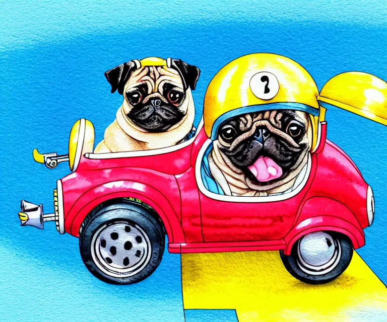 Image similar to cute and funny, pug wearing a helmet riding in a tiny hot rod with oversized engine, ratfink style by ed roth, centered award winning watercolor pen illustration, isometric illustration by chihiro iwasaki, edited by range murata, tiny details by artgerm and watercolor girl, symmetrically isometrically centered