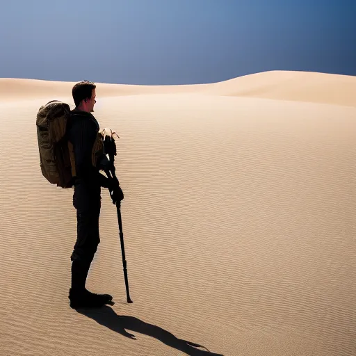 Prompt: Stilgar gazing at Sietch Tabr, from Dune 2021, XF IQ4, f/1.4, ISO 200, 1/160s, 8K, RAW, unedited, symmetrical balance, in-frame