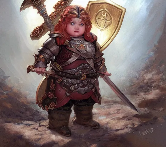 Image similar to cute chubby gnome woman wearing copper armor with sword and shield, small stature, short size, cute and adorable, pretty, beautiful, DnD character art portrait, matte fantasy painting, DeviantArt Artstation, by donato giancola, ralph horley, loish, cinematic lighting