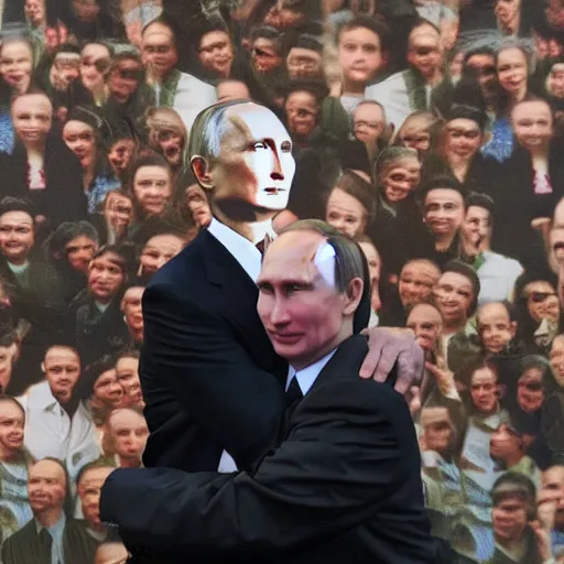 Prompt: a guy hugging a vladimir putin picture