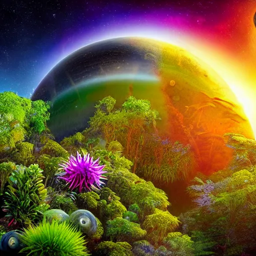 Image similar to award-winning photo of an alien planet, with lush plant and animal life. Detailed, colorful, depth of field