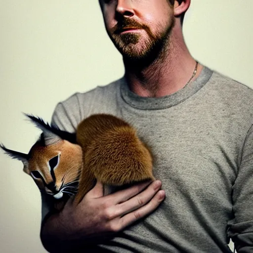 Image similar to Fullbody potrait of Ryan Gosling holding cute caracal, hyper realistic, prismatic highlights, atmosphere, gorgeous, depth of field, cinematic, macro, concept art, 50mm, artstation, wlop, elegant, epic, weta digital, focus, octane render, v-ray, 8k, kodak portra, art by Liberatore