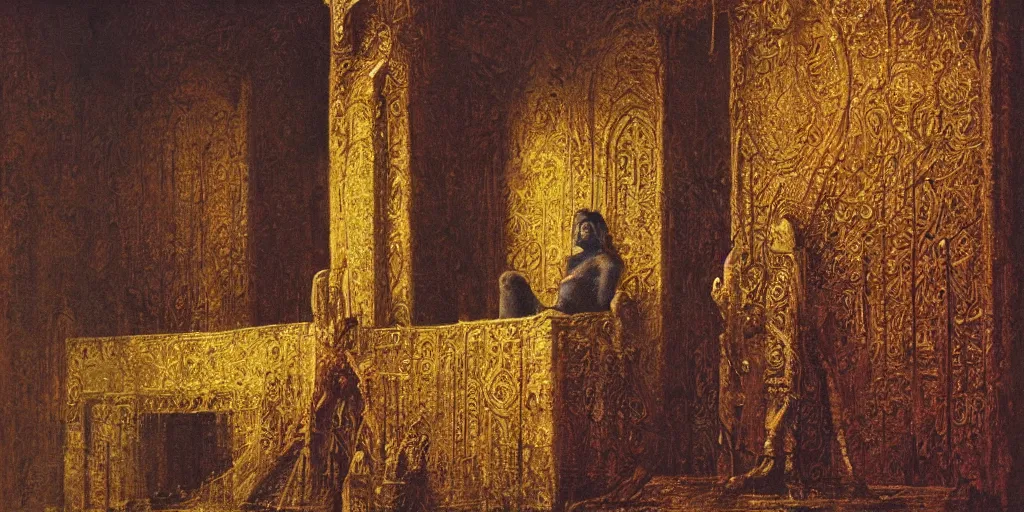 Image similar to a medieval king sitting on a golden throne leaning on a shiny sword in a palace, beksinski painting