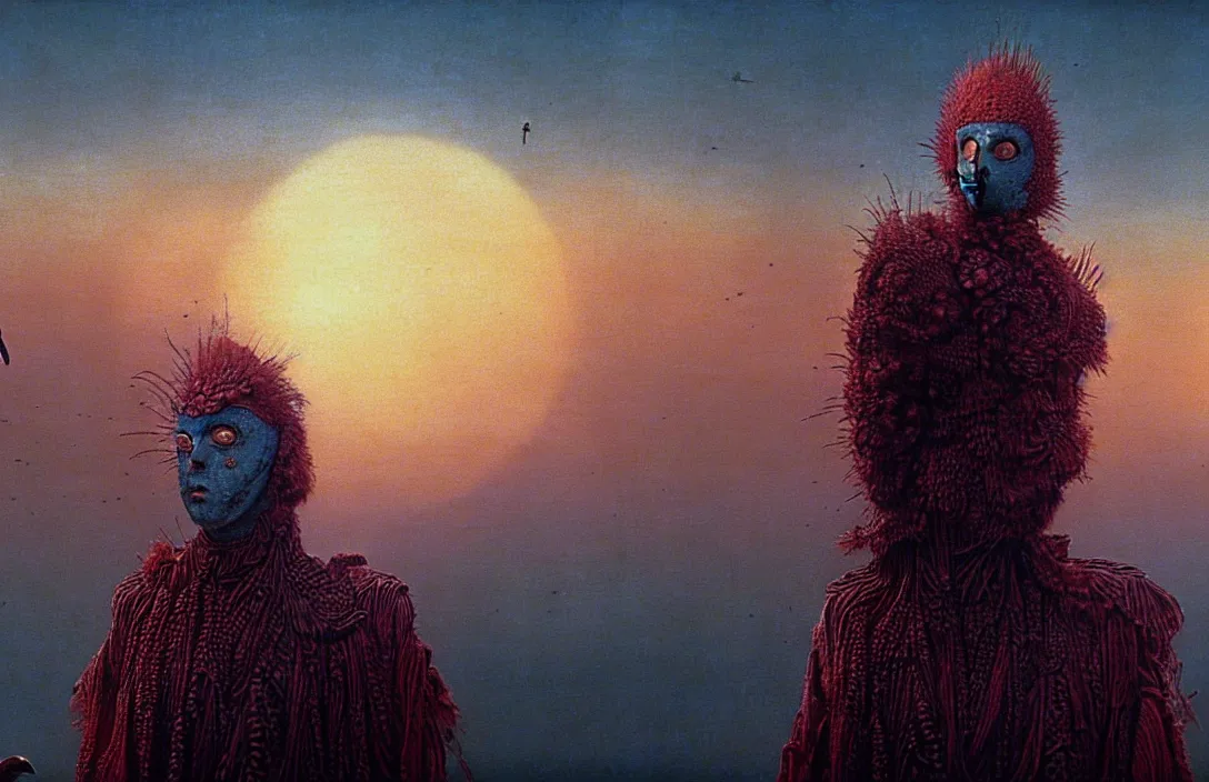 Prompt: extremely detailed portrait film shot of a birdman wearing dark ragged robes, scifi city sunrise landscape background by denis villeneuve, amano, yves tanguy, ernst haeckel, max ernst, roger dean, ridley scott, dramatic closeup composition, rich moody colours, blue eyes