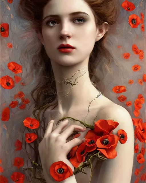 Image similar to portrait of the strangly beautiful young goddess of poppy, surreal, fantasy, intricate, elegant, dramatic lighting, emotionally evoking symbolic metaphor, highly detailed, lifelike, photorealistic, digital painting, painterly, artstation, concept art, smooth, head in focus, sharp focus, illustration, art by John Collier and Krenz Cushart and Artem Demura and Alphonse Mucha and Albert Aublet,