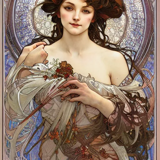Prompt: realistic detailed face portrait of the goddess of winter by Alphonse Mucha, Ayami Kojima, Amano, Charlie Bowater, Karol Bak, Greg Hildebrandt, Jean Delville, and Mark Brooks, Art Nouveau, Neo-Gothic, gothic, rich deep moody colors