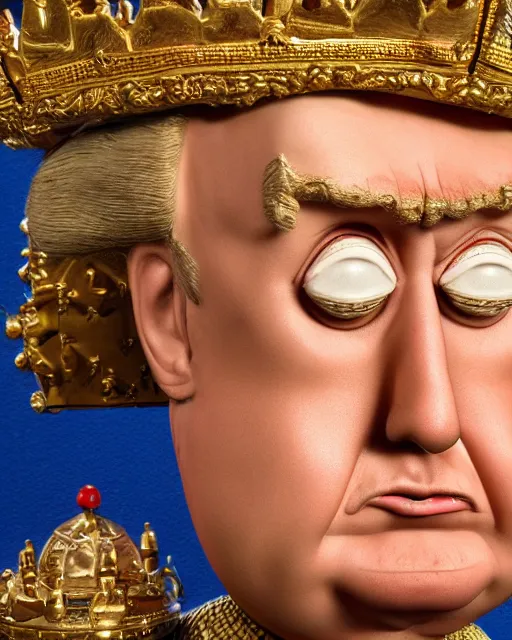 Prompt: highly detailed closeup, face profile portrait of a tin toy donald trump as king henry viii, depth of field, fashion photoshoot by nicoletta ceccoli, mark ryden, lostfish, dan decarlo, bob clampett, max fleischer, breathtaking, detailed and intricate environment, 8 k resolution, hyperrealistic, octane render