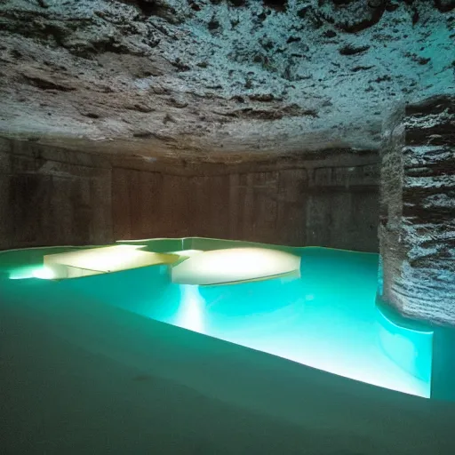 Prompt: cenotes with big, geometric, smooth, square block protruding from the shallow water, surrounded by led lights