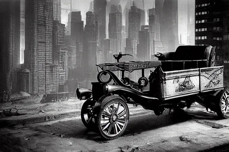 Image similar to cyberpunk 1 9 0 8 model ford t by paul lehr, metropolis, parked by view over city, vintage film photo, robotic, black and white photo