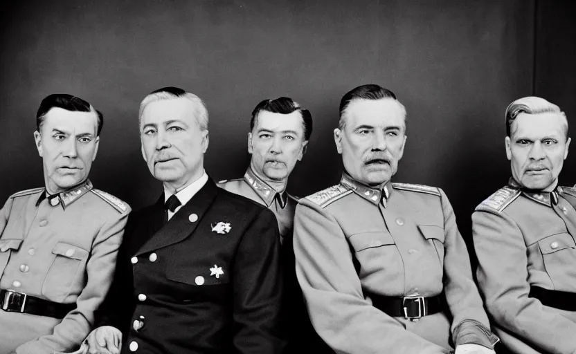 Image similar to 50s movie still close-up portrait of three individual elder soviet generals with very diverses faces in a stalinist style hall, by Irving Penn, Cinestill 800t 50mm black and white, heavy grainy picture, very detailed, high quality, 4k, HD criterion, precise texture, facial precision, diverse haircuts, diverse ages, each faces precisely define