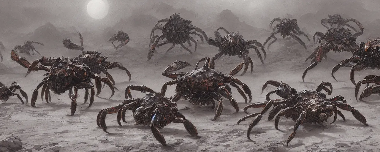 Image similar to a herd of giant crabs running abound on barren desert exoplanet by James Gurney, Beksinski and Alex Gray, every crab is a menacing warhammer 40k chaotic xenos, diabolic wh40k crab xenos scourge running abound