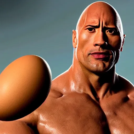 Prompt: dwayne the rock johnson with a egg for a head, dazzling lights, dramatic lighting, photorealistic, cinematic scene, super detailed, hyper realistic, bright lights