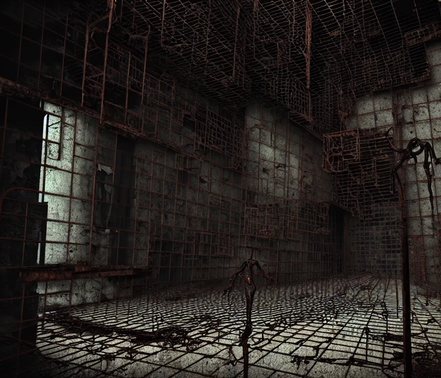 Image similar to creepy huge suffering humanoid with long limbs sits. an underground very dark gloomy multi - layered structure of rusty thick iron grates, dense chain - link fencing and peeling walls. inside view, collapsed floors, bent rusted iron, masterpiece, black background, corners, cinematic, hyperdetailed, photorealistic, hyperrealism, octane render, shadows