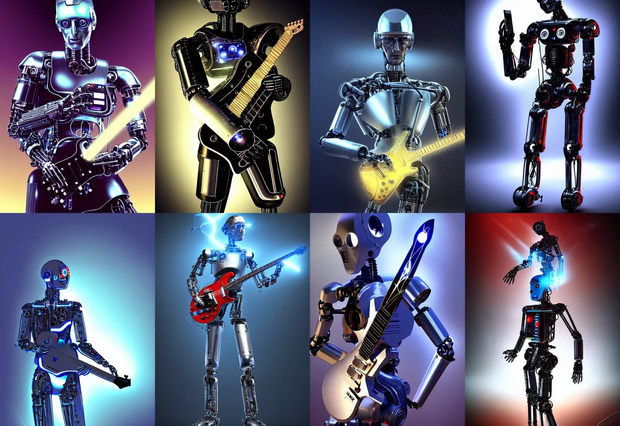 Image similar to a cybernetic cyborg robot android ( ( ( brian may ) ) ) holding an electric guitar, leds, chrome, science fiction, concept art, atmospheric, volumetric light, very realistic, highly detailed digital art