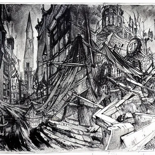 Image similar to the alchemical art of etching by master anders zorn. a lovecraftian horror destroying a city. ink highly detailed lines