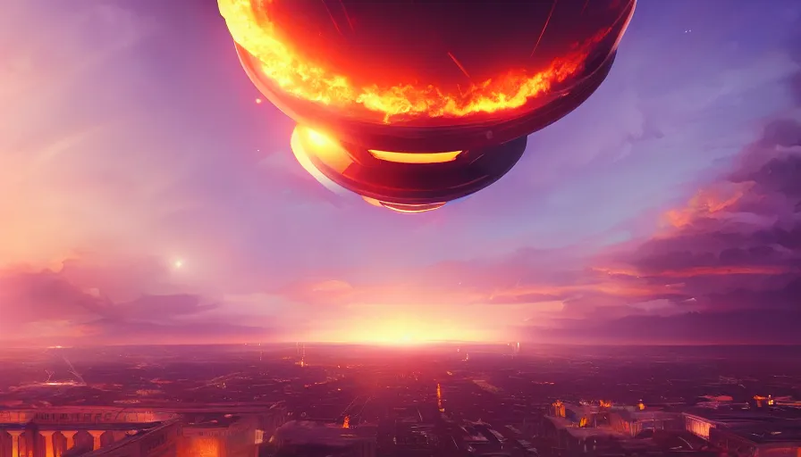 Image similar to gigantic ufo upon washington dc, sky on fire, hyperdetailed, artstation, cgsociety, 8 k