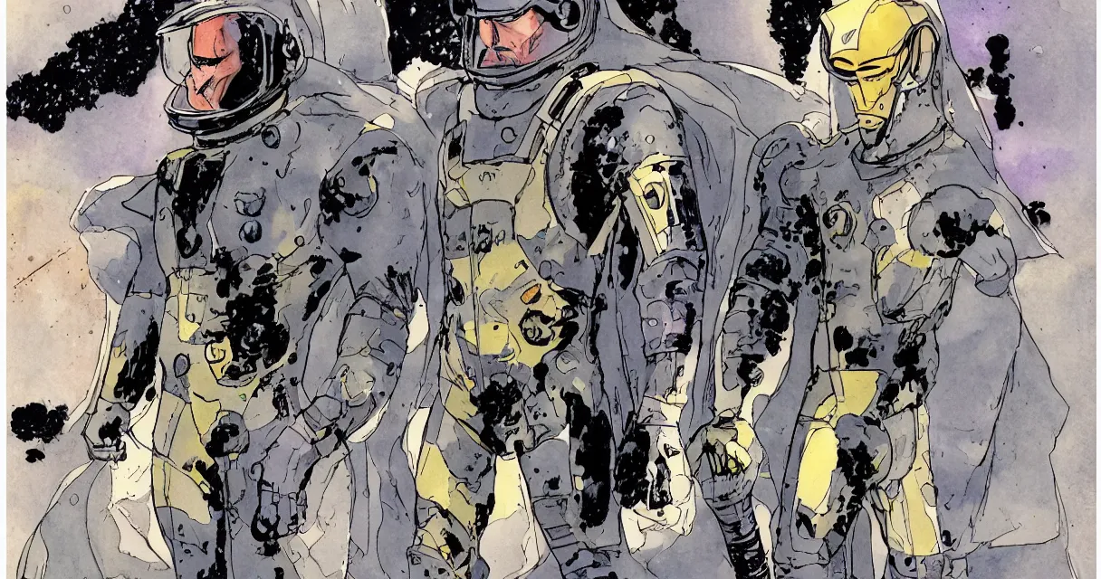 Image similar to male, heroic figure, space suit with a modern helmet, character sheet, science fiction, very stylized, digital art, pen and ink, digital painting, watercolor wash, by mike mignola, by alex maleev, jean giraud