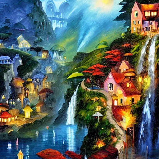 Image similar to waterfall village by james christensen, rob gonsalves, paul lehr, leonid afremov and tim white