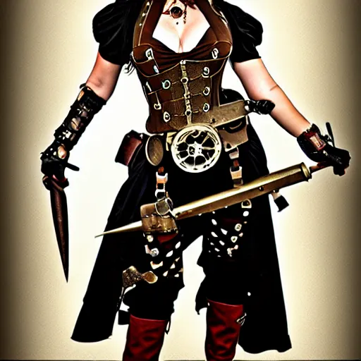 Prompt: photo of a female steampunk warrior