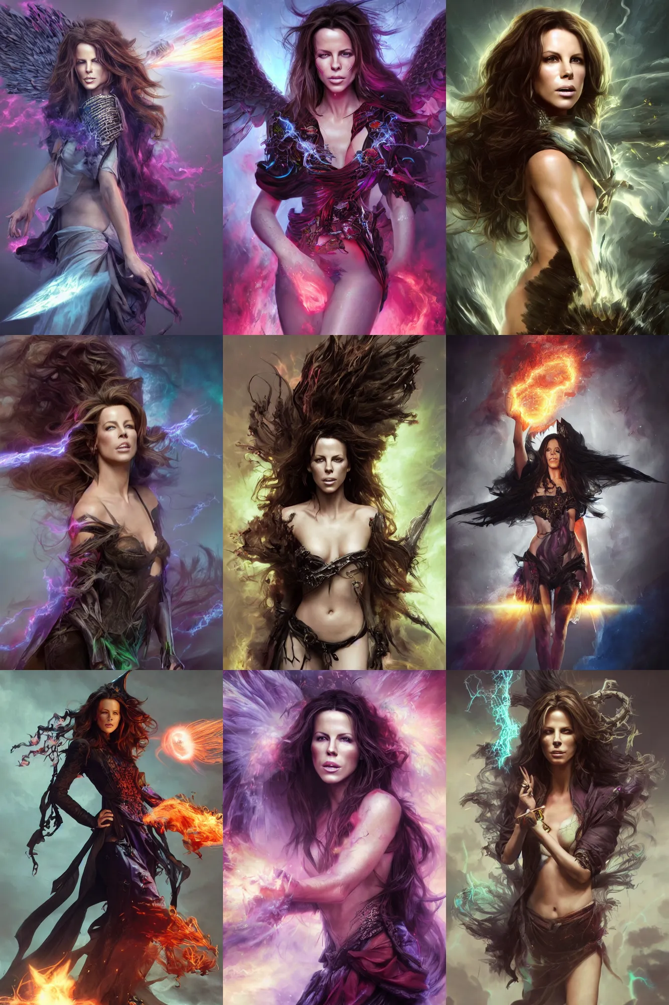 Prompt: beautiful kate beckinsale as girl necromancer, witch - doctor exploding into rainbow velvet, angels, 3 d render, hyper - realistic detailed portrait, holding fire and electricity, ruan jia, wlop. scifi, fantasy, magic the gathering, hyper detailed, octane render, concept art, peter mohrbacher