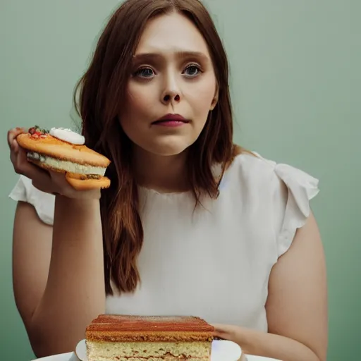 Image similar to Obese Elizabeth Olsen eating cake, XF IQ4, 150MP, 50mm, F1.4, ISO 200, 1/160s, natural light, Adobe Lightroom, photolab, Affinity Photo, PhotoDirector 365