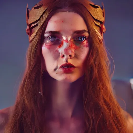 Image similar to a very beautiful 3d scarlet witch, long hair, hazel eyes, cute freckles, full round face, short smile, golden hour, post apocalyptic setting, medium shot, mid-shot, highly detailed, trending on Artstation, Unreal Engine 4k