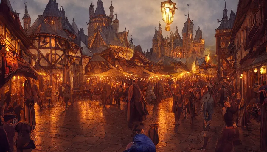 Image similar to medieval city festival near lake at night, beautiful lit lamps, 8 k highly detailed art, intricate, stanley lau, artgerm, artstation, smooth, far shot, wlop, alphonse mucha, cinematic shot, cinematic lighting