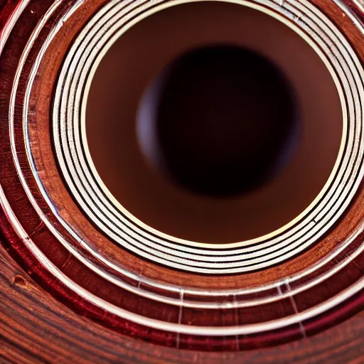 Prompt: macro photography from the inside of an acoustic guitar, studio lighting, 8k, professional photography